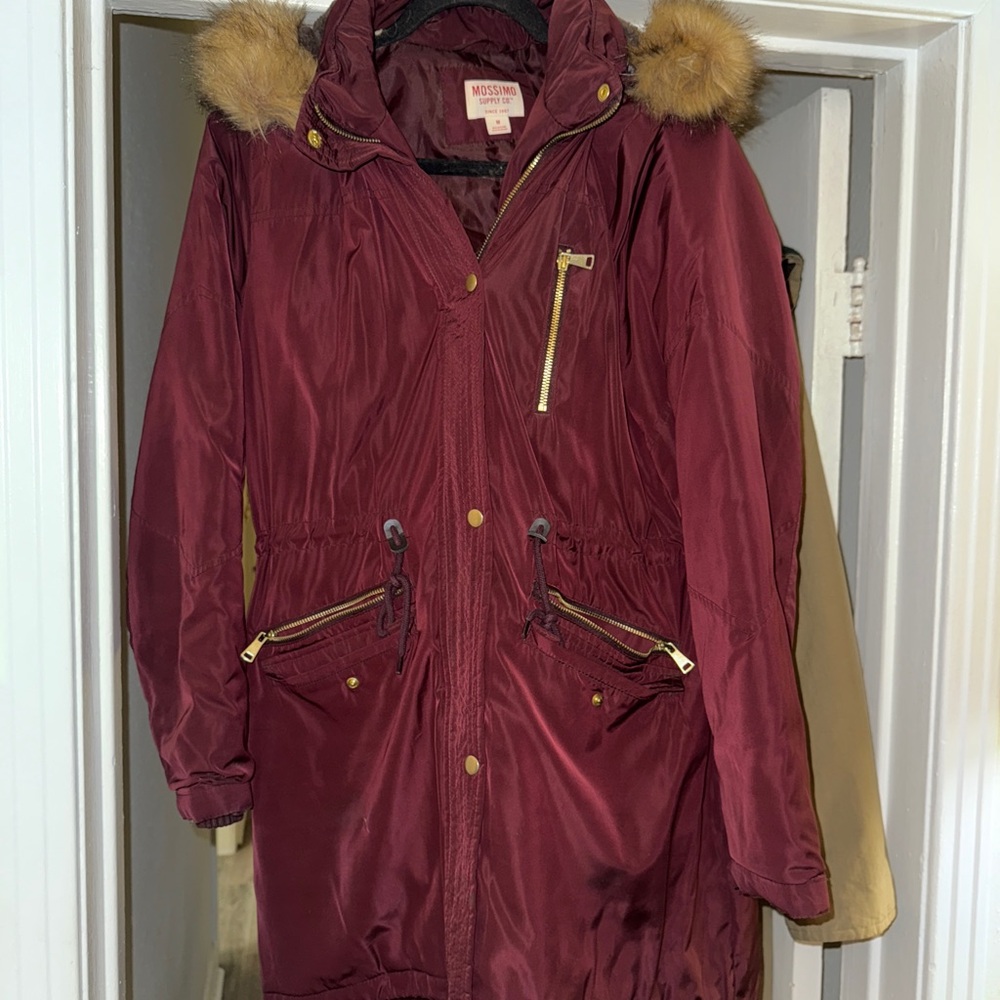 Mossimo Supply Co. Women's Maroon Puffer Coat with Faux Fur